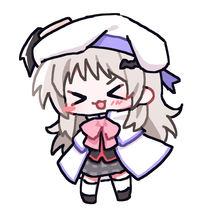 &gt;_&lt; 1girl :3 bat_hair_ornament beret blush bow bowtie cape chibi chibi_only commentary eshiko facing_viewer full_body grey_hair grey_skirt hair_ornament happy hat highres little_busters! little_busters!_school_uniform long_hair miniskirt noumi_kudryavka open_mouth pink_bow pink_bowtie plaid_clothes plaid_skirt school_uniform simple_background skirt smile solo standing thighhighs white_background white_cape white_hat white_thighhighs zettai_ryouiki