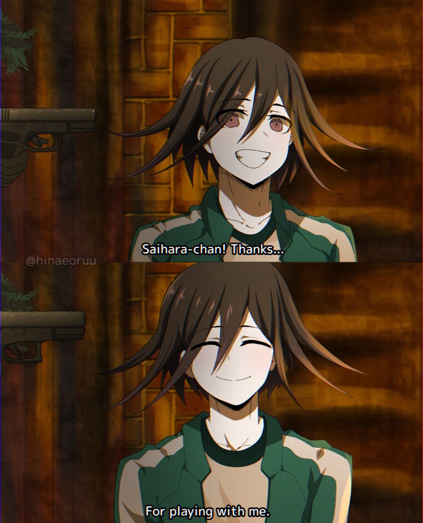 2boys absurdres angst blood blood_on_clothes blood_splatter blue_hair blurry blurry_background blurry_foreground brick_wall brown_background brown_eyes brown_hair crying crying_with_eyes_open danganronpa_(series) danganronpa_v3:_killing_harmony death dying eyelashes fake_screenshot green_jacket gun gunshot_wound heads-up_display headshot highres jacket kimika(hinaeoruu) kokichi long_sleeves looking_ahead looking_at_viewer looking_away male_focus multicolored_hair multiple_boys oma_kokichi open_mouth outdoors parody plant sad saihara_shuichi scenery screencap shirt smile squid_game subtitled sunset tears teeth upper_body user_interface wall weapon white_shirt yellow_eyes