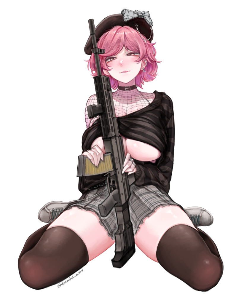 1girl absurdres bare_shoulders beret black_collar black_hat black_sweater black_thighhighs breasts cleavage collar fishnet_top fishnets foregrip grey_shoes grey_skirt gun hat highres holding holding_gun holding_weapon large_breasts long_sleeves looking_at_viewer m4skedboi off_shoulder original pink_eyes pink_hair pink_lips plaid_clothes plaid_skirt pleated_skirt shoes short_hair simple_background single_off_shoulder sitting skirt solo striped_clothes striped_sweater sweat sweater thighhighs twitter_username underboob wariza weapon white_background