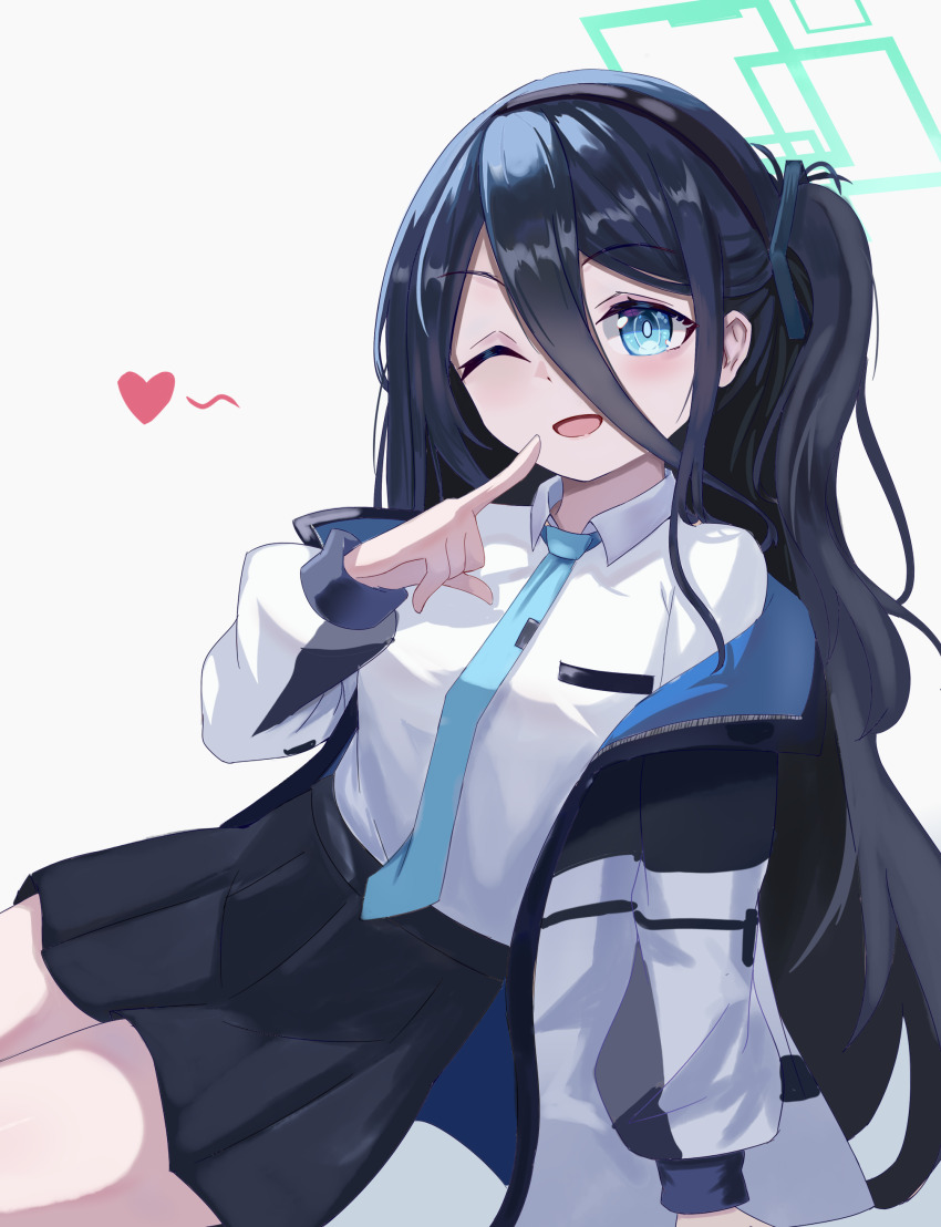 1girl ;d absurdres aqua_halo aris_(blue_archive) arm_support black_hair black_hairband black_skirt blue_archive blue_eyes blue_necktie blush bright_pupils chinese_commentary collared_shirt commentary cowboy_shot hair_between_eyes hairband halo hand_up heart highres index_finger_raised jacket long_hair long_hair_between_eyes long_sleeves looking_at_viewer miniskirt mixian necktie one_eye_closed one_side_up open_clothes open_jacket open_mouth puffy_long_sleeves puffy_sleeves rectangular_halo ringed_eyes school_uniform shirt simple_background sitting skirt smile solo very_long_hair white_background white_jacket white_pupils white_shirt