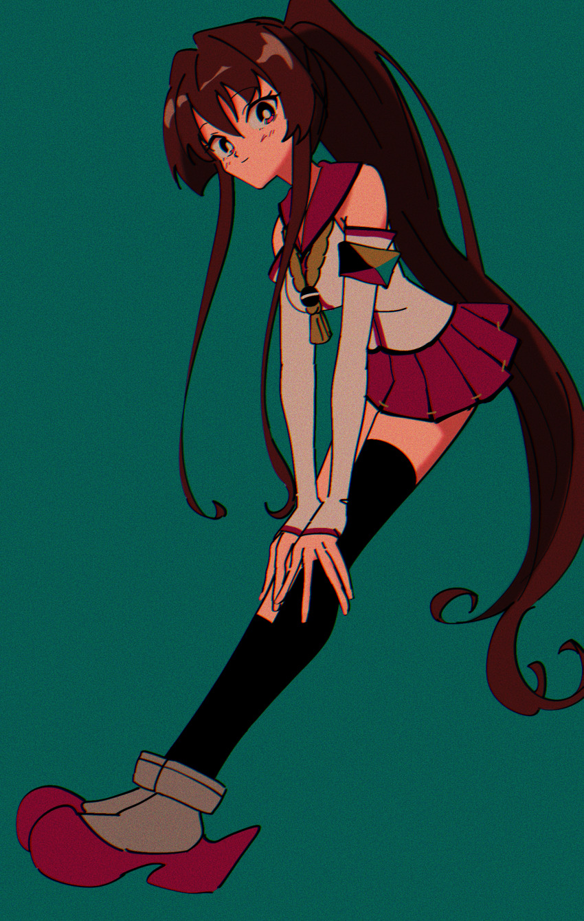 1girl asymmetrical_legwear black_socks black_thighhighs blush brown_eyes brown_hair closed_mouth detached_sleeves full_body green_background hair_between_eyes hands_on_own_knees highres kantai_collection kneehighs long_hair long_sleeves looking_at_viewer miniskirt mismatched_legwear nzeneee pleated_skirt ponytail red_sailor_collar red_skirt retro_artstyle sailor_collar sailor_shirt shirt skirt sleeveless sleeveless_shirt sleeves_past_wrists smile socks solo thighhighs very_long_hair white_shirt white_sleeves yamato_(kancolle)