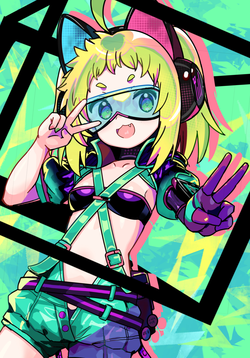 1girl :3 ahoge animal_ear_headphones animal_ears antenna_(dohna_dohna) bandeau breasts cat_ear_headphones criss-cross_suspenders dohna_dohna_issho_ni_warui_koto_o_shiyou double_v fake_animal_ears fang glasses gloves green_eyes green_hair headphones highres looking_at_viewer medium_hair nangong_(skarndrnjs) open_mouth short_eyebrows shorts shrug_(clothing) single_glove small_breasts smile solo suspender_shorts suspenders v