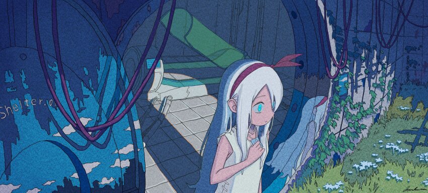 1girl blue_eyes bow_hairband bunker cable cryostasis_pod dress film_grain grass hair_over_one_eye hairband highres jonkumason long_hair original plant post-apocalypse red_hairband science_fiction sleeveless solo tile_floor tiles vault_door vines white_dress white_hair