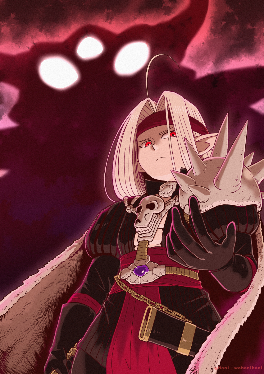 1boy absurdres bandana black_gloves cape closed_mouth commentary_request death_pisaro demon demon_boy dragon_quest dragon_quest_iv dual_persona floating_cape from_below frown fur-trimmed_cape fur_trim fushicho gloves highres holding holding_sword holding_weapon juliet_sleeves long_hair long_sleeves looking_at_viewer looking_down male_focus muscular muscular_male parted_hair pisaro puffy_sleeves red_bandana red_eyes red_sash sash scabbard sheath silhouette solo spiked_pauldrons sword twitter_username weapon white_hair