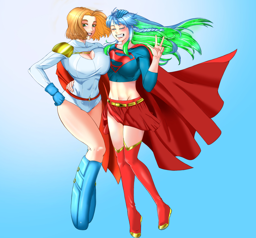 2girls absurdres blonde_hair blue_background blue_hair breasts breasts_squeezed_together cape cleavage_cutout clothing_cutout commander_olympus cosplay dc_comics fate/grand_order fate_(series) headpat highres hug huge_breasts kukulkan_(fate) large_breasts leotard multicolored_hair multiple_girls power_girl power_girl_(cosplay) quetzalcoatl_(fate) short_hair smile supergirl supergirl_(cosplay) two-tone_hair white_leotard