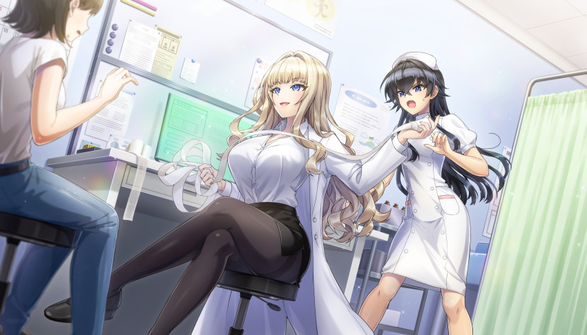 3girls bandages black_hair black_skirt blonde_hair blue_eyes breasts coat collared_shirt crossed_bangs crossed_legs dolphin_wave dress faceless faceless_female game_cg gauze hagane_otsuki hair_intakes hat highres jacket kirahoshi_kanna lab_coat large_breasts long_hair multiple_girls non-web_source nurse nurse_cap official_art ootomo_takuji pantyhose puffy_short_sleeves puffy_sleeves purple_eyes shirt short_sleeves sitting skirt sweatdrop table wavy_hair white_coat white_dress