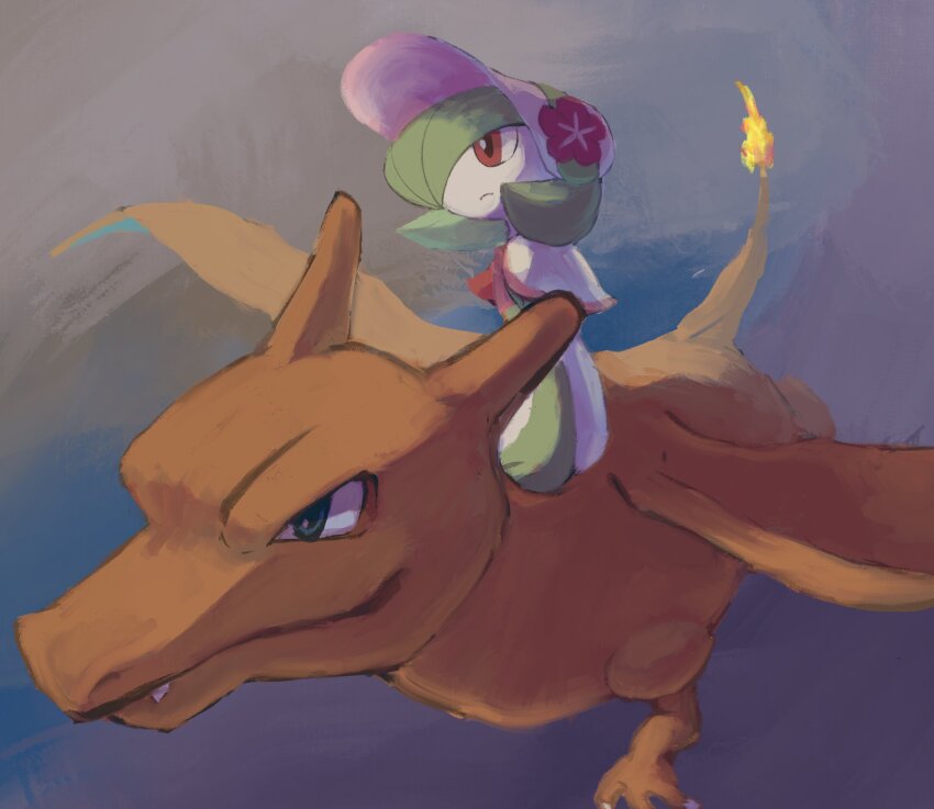 absurdres bishamon_(usagi_ba) bob_cut bonnet charizard colored_skin creatures_(company) dragon flower game_freak gardevoir gardevoir_(fashionable) gen_1_pokemon gen_3_pokemon green_hair green_skin hair_over_one_eye hat hat_flower highres multicolored_skin nintendo orange_skin pink_flower pokemon pokemon_(creature) pokemon_unite two-tone_skin white_skin
