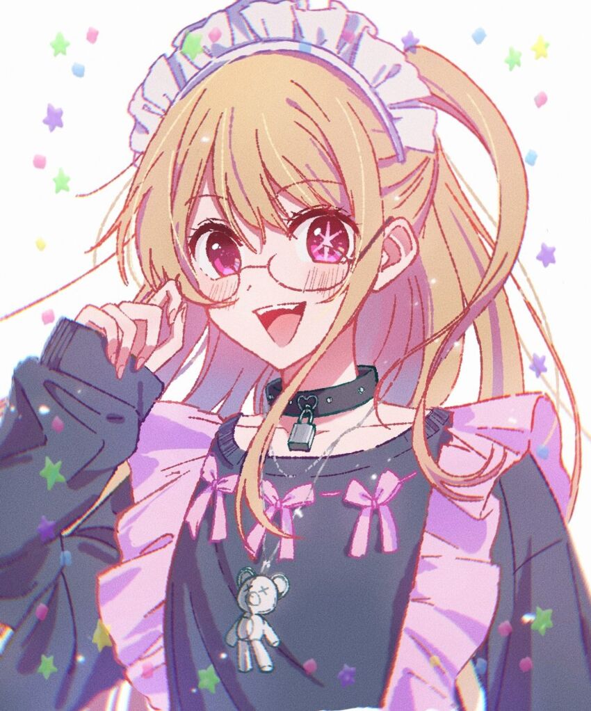 1girl :d adjusting_eyewear apron black_sweater blonde_hair commentary frilled_apron frilled_hairband frills glasses hairband highres hoshino_ruby lock long_hair long_sleeves looking_at_viewer looking_over_eyewear maid_apron maid_headdress one_side_up open_mouth oshi_no_ko padlock padlocked_collar pink_apron pink_eyes pink_ribbon ribbon sleeves_past_wrists smile solo star_(symbol) star_in_eye sweater symbol-only_commentary symbol_in_eye teeth upper_body upper_teeth_only white_background yamabukiyuki