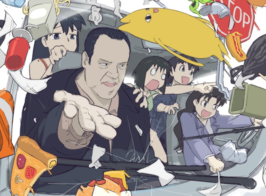 1boy 4girls azumanga_daiou can car crack cracked_glass cup driving food fubarmoe hand_on_another&#039;s_shoulder highres hot_dog kaori_(azumanga_daioh) long-haired_girl_(motto_notto) mihama_chiyo&#039;s_father motor_vehicle multiple_girls o_o pizza pizza_slice pointing road_sign sakaki_(azumanga_daioh) short_hair sign silvio_dante stop_sign takino_tomo tanizaki_yukari the_sopranos widow&#039;s_peak windshield