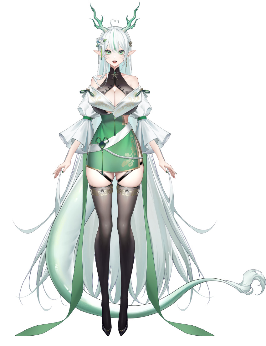 1girl absurdly_long_hair absurdres ahoge arms_at_sides artist_request bare_shoulders black_footwear black_thighhighs black_vest breasts brooch center_opening chinese_clothes cleavage detached_sleeves fingernails flower full_body gold_trim green_eyes green_hair green_nails green_skirt hair_flower hair_ornament heart heart_ahoge high_heels highres horns huge_breasts humanization jewelry large_breasts long_hair long_legs long_sleeves looking_at_viewer miniskirt mole mole_under_eye multicolored_hair onsen_(stardust_project) open_mouth pointy_ears puffy_long_sleeves puffy_sleeves qilin_(mythology) side_slit skindentation skirt smile solo standing stardust_project straight-on streaked_hair tachi-e tail teeth thigh_strap thighhighs thighs transparent_background upper_teeth_only very_long_hair vest virtual_youtuber