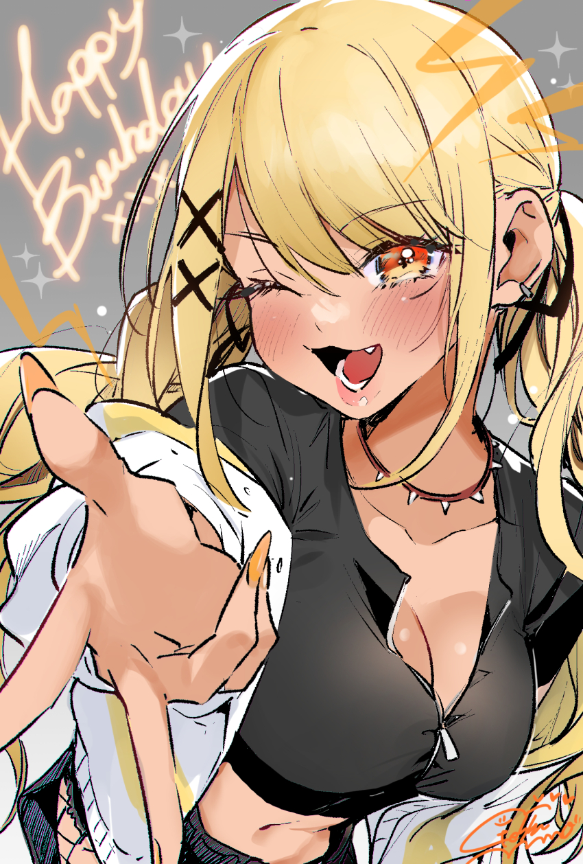 1girl ;3 ;d black_pants black_shirt blonde_hair breasts brown_collar cleavage collar crop_top dark-skinned_female dark_skin ear_piercing fang fishnet_pantyhose fishnets geshumaro gyaru gyaru_v hair_ornament hair_ribbon happy_birthday highres jacket kaminari_qpi kaminari_qpi_(2nd_costume) large_breasts lips long_hair looking_at_viewer midriff navel off_shoulder official_alternate_costume one_eye_closed open_clothes open_jacket open_mouth orange_eyes orange_nails pants pantyhose piercing ribbon rokku_gyaru shirt smile solo spiked_collar spikes swept_bangs twintails v very_long_hair virtual_youtuber vspo! white_jacket x_hair_ornament zipper_pull_tab