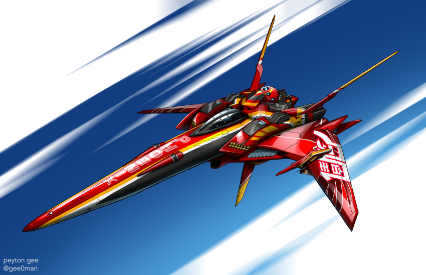aircraft airplane artist_name commentary english_commentary flying from_side highres jet motion_lines no_humans original peyton_gee science_fiction sky vehicle_focus wings