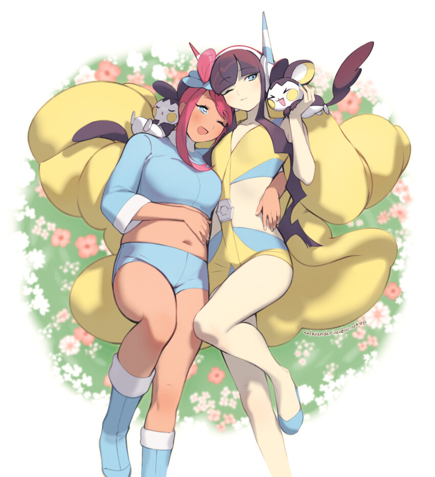 2girls 2others arm_around_neck coat commentary crop_top elesa_(pokemon) emolga english_commentary flower fur_coat game_freak gen_5_pokemon grass highres lying multiple_girls multiple_others navel nintendo on_back pokemon pokemon_(creature) pokemon_bw pokemon_bw2 roarke_(lavenderincubus) skyla_(pokemon) smile stomach yuri