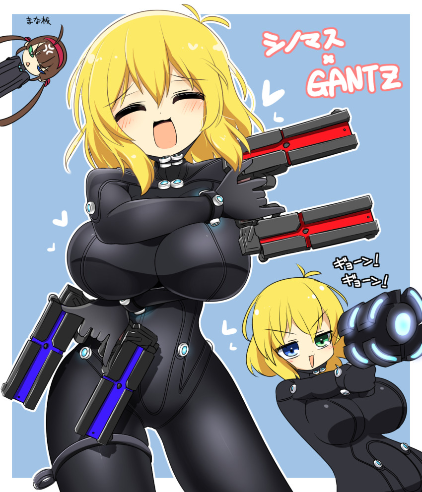 2girls anger_vein blonde_hair blue_background blue_eyes breasts brown_hair commentary_request cowboy_shot gantz gantz_suit green_eyes gun hairband heterochromia highres holding holding_gun holding_weapon large_breasts lets0020 long_hair multiple_girls open_mouth red_hairband ryoubi_(senran_kagura) ryouna_(senran_kagura) senran_kagura short_hair siblings sisters smile solo_focus twintails two-tone_background v-shaped_eyebrows weapon white_background