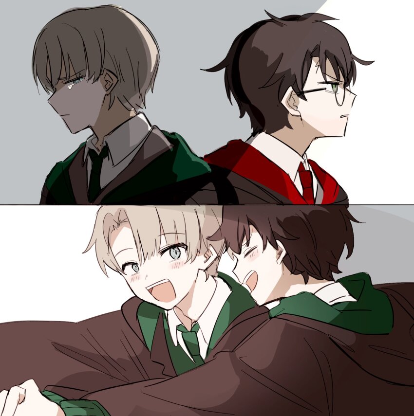 4boys albus_severus_potter black_robe draco_malfoy father_and_son glasses gryffindor harry_potter harry_potter_(series) harry_potter_and_the_cursed_child highres hogwarts_school_uniform matecharon multiple_boys necktie robe scar scar_on_face scar_on_forehead school_uniform scorpius_malfoy slytherin smile wizarding_world
