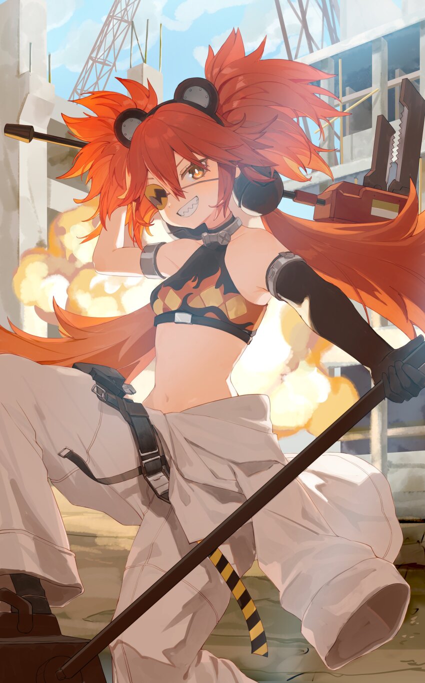 1girl absurdres bare_shoulders black_gloves black_shirt breasts bright_pupils construction_site crop_top dual_wielding elbow_gloves explosion eyepatch feet_out_of_frame flame_print gloves grin hair_between_eyes hammer highres holding holding_hammer koleda_belobog long_hair looking_at_viewer medium_breasts navel orange_hair orange_pupils outdoors pants roena sharp_teeth shirt sleeveless sleeveless_shirt smile solo stomach teeth twintails white_pants white_pupils zenless_zone_zero