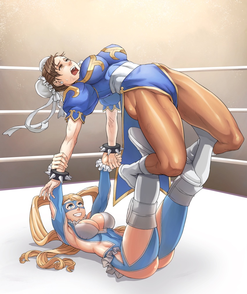 2girls absurdres arm_grab ass blonde_hair blue_eyes blue_leotard blush boots bracelet breasts brown_eyes brown_hair brown_pantyhose bun_cover capcom china_dress chinese_clothes chun-li cleavage clothing_cutout domino_mask double_bun dress earrings elbow_cutout fighting grin hair_bun hair_pulled_back heart_cutout highres jewelry kineluchs large_breasts leotard long_hair mask multiple_girls muscular muscular_female open_mouth pain pantyhose pelvic_curtain rainbow_mika romero_special ryona shoulder_cutout smile spiked_bracelet spikes street_fighter street_fighter_ii_(series) street_fighter_zero_(series) submission_hold surfboard_(wrestling) thick_thighs thighs twintails wrestler wrestling wrestling_outfit wrestling_ring