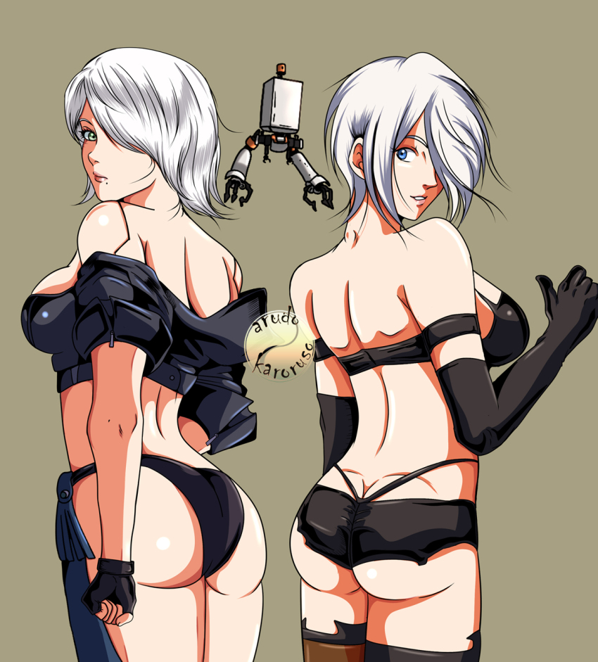 2b_(nier:automata) 2girls angel_(kof) ass blue_eyes breasts butt_crack cosplay costume_switch crossover highres large_breasts midriff multiple_girls nier:automata nier_(series) pod_(nier:automata) shorts sideboob signature smile snk the_king_of_fighters thong video_game whale_tail_(clothing) white_hair