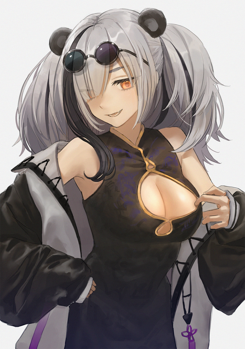 1girl :d animal_ears arknights bare_shoulders black_dress black_hair breasts china_dress chinese_clothes cleavage cleavage_cutout clothing_cutout commentary_request dress eyes_visible_through_hair feater_(arknights) grey_background highres jacket jfjf long_hair long_sleeves looking_at_viewer medium_breasts multicolored_hair off_shoulder open_clothes open_jacket open_mouth orange_eyes panda_ears resolution_mismatch silver_hair simple_background sleeveless sleeveless_dress smile solo source_larger streaked_hair upper_body