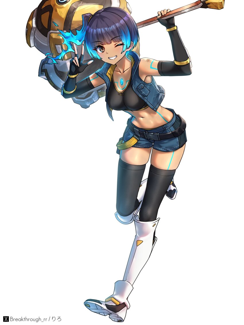 1girl artist_name belt black_gloves black_thighhighs blue_shorts boots breasts brown_eyes collarbone commentary_request eyelashes fiery_hair full_body gloves glowing_lines hammer highres holding holding_hammer large_breasts navel one_eye_closed riro_(breakthrough_rr) sena_(xenoblade) shorts side_ponytail simple_background skindentation smile solo standing standing_on_one_leg teeth thighhighs twitter_username w white_background xenoblade_chronicles_(series) xenoblade_chronicles_3