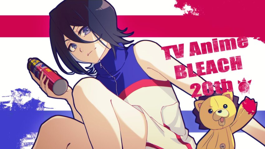 1girl black_hair bleach breasts closed_mouth dress hair_between_eyes highres kon_(bleach) kuchiki_rukia looking_at_viewer purple_eyes short_hair sleeveless small_breasts smile sumire_1046 toy