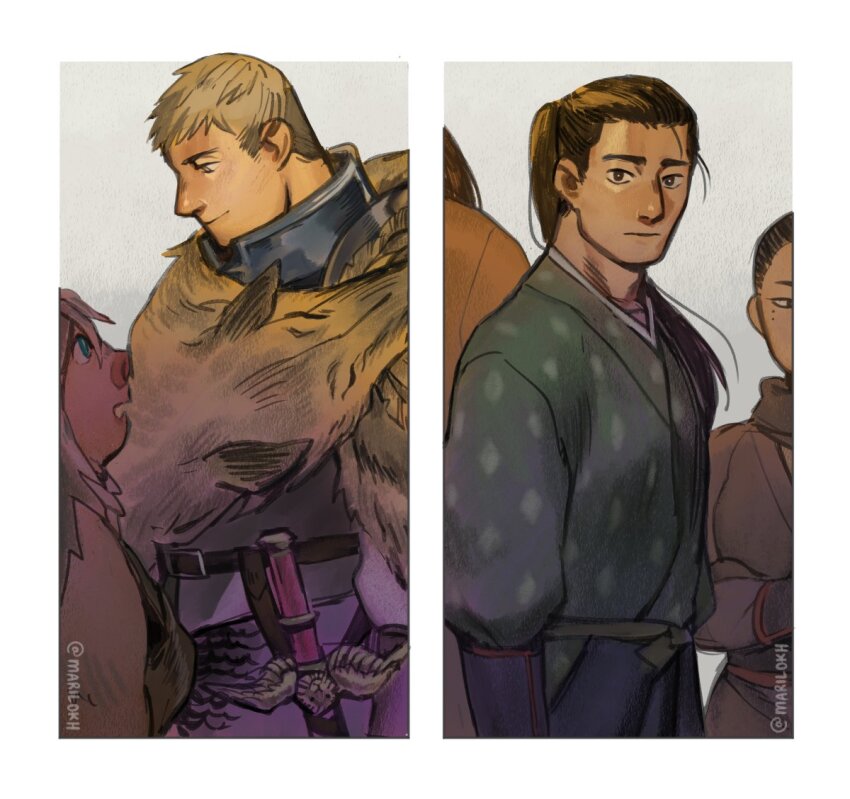 2boys 2girls armor artist_name black_eyes blonde_hair bracer bright_pupils brown_hair closed_mouth commentary dungeon_meshi english_commentary green_kimono hien japanese_clothes kimono laios_touden leed_(dungeon_meshi) lokh long_hair looking_at_another looking_at_viewer multiple_boys multiple_girls orc pelt ponytail sheath sheathed short_hair shurou smile sword twitter_username very_short_hair weapon