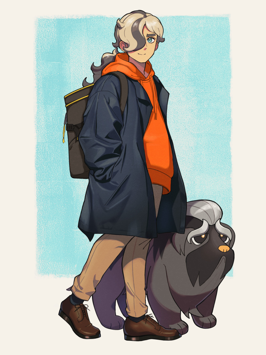 1boy absurdres alternate_costume arven_(pokemon) backpack bag black_coat border brown_footwear brown_hair brown_pants closed_mouth coat commentary_request eyelashes green_background green_eyes hand_in_pocket highres hood hood_down hoodie long_hair long_sleeves mabosstiff male_focus nintendo nori_(hgdm2784) open_clothes open_coat orange_hoodie pants pokemon pokemon_(creature) pokemon_sv shoes smile split_mouth standing tassel white_border