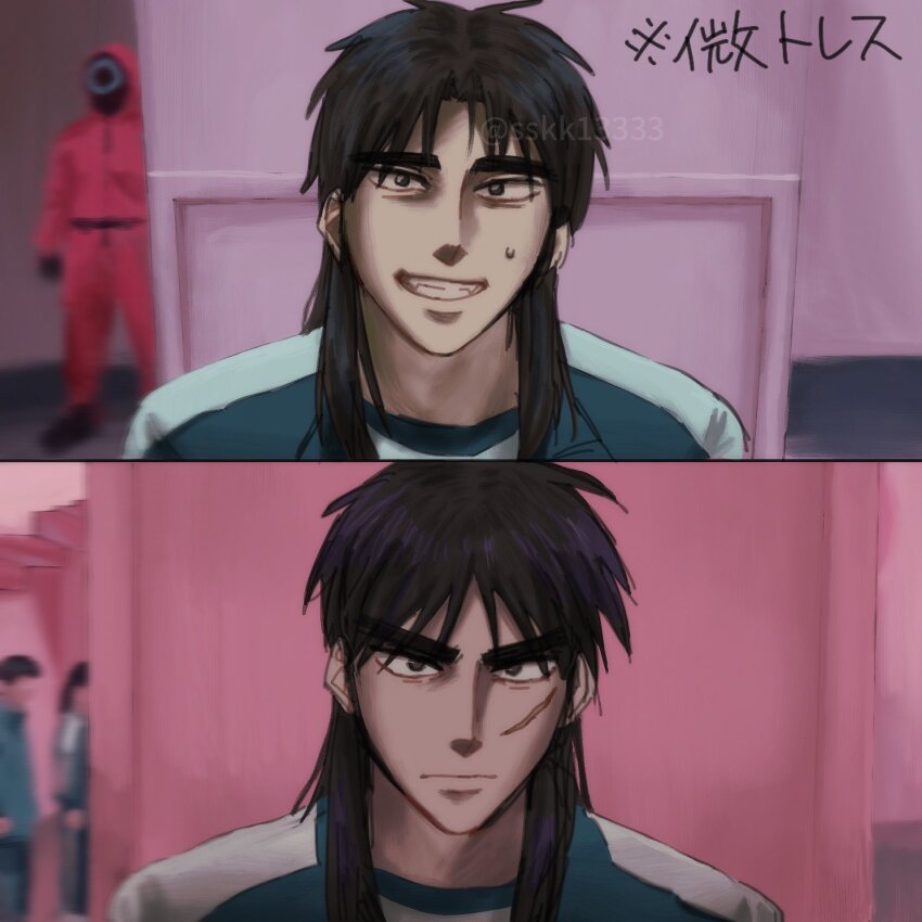1boy before_and_after black_hair brown_eyes closed_mouth commentary_request facial_scar frown green_jacket grin highres itou_kaiji jacket kaiji long_hair looking_at_viewer male_focus meme mugi_misota pink_background sanpaku scar scar_on_cheek scar_on_face smile solo squid_game track_jacket upper_body v-shaped_eyebrows worker_(squid_game) year_1_&amp;_year_2_(squid_game)_(meme)