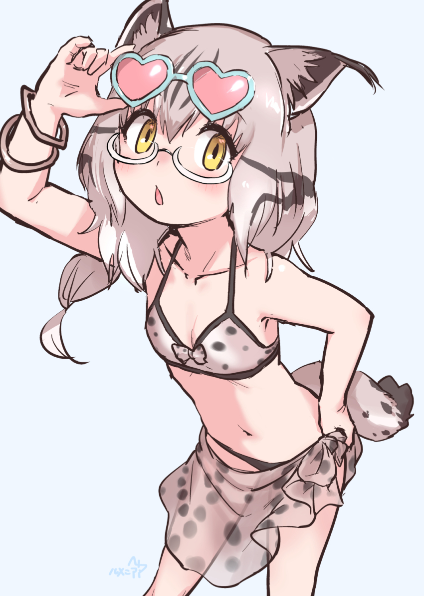 1girl :o adapted_costume adjusting_eyewear alternate_costume animal_ears animal_print bare_legs bare_shoulders bikini blush bow bow_bikini bracelet brown_bikini brown_hair cat_ears cat_girl cat_print cat_tail cowboy_shot eurasian_lynx_(kemono_friends) eyewear_on_head glasses hair_between_eyes heart heart-shaped_eyewear highres jewelry kemono_friends looking_at_viewer midriff multicolored_hair navel print_bikini print_sarong rumenia_(ao2is) sarong semi-rimless_eyewear short_hair sidelocks sleeveless solo sunglasses swimsuit tail white-framed_eyewear white_hair yellow_eyes