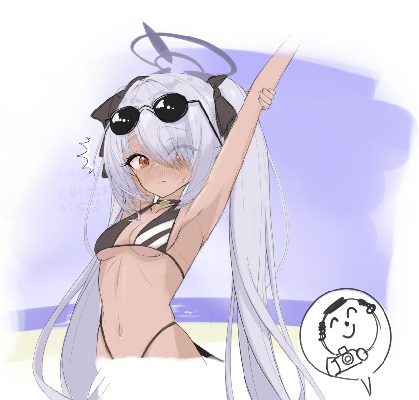 1girl ^^^ arm_up armpits bikini black_bikini black_choker blue_archive blush breasts camera choker closed_mouth commentary_request dark-skinned_female dark_skin day doodle_sensei_(blue_archive) embarrassed eyelashes eyes_visible_through_hair eyewear_on_head grey_hair grey_halo hair_over_one_eye halo highres holding holding_camera iori_(blue_archive) iori_(swimsuit)_(blue_archive) kimagurain long_hair looking_at_viewer nose_blush official_alternate_costume outdoors red_eyes sensei_(blue_archive) sidelocks sketch small_breasts smile solo speech_bubble spoken_character stretching sunglasses surprised sweatdrop swimsuit twintails underboob upper_body very_long_hair wavy_mouth