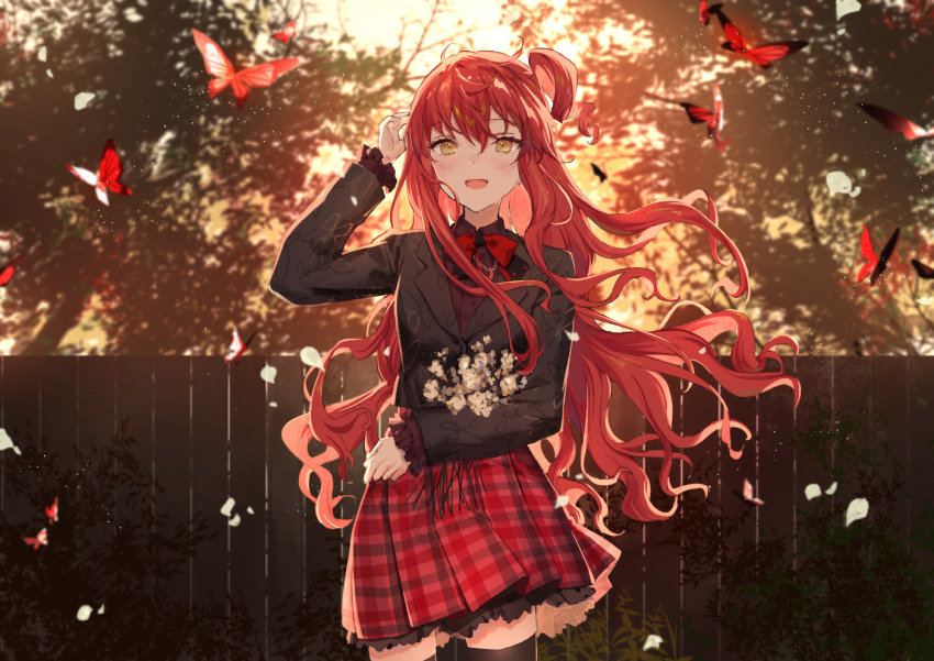 1girl :d black_jacket black_thighhighs blush bow bowtie bug butterfly collared_shirt commentary commission cowboy_shot falling_petals hand_up insect jacket long_hair long_sleeves looking_at_viewer open_mouth original outdoors petals plaid_clothes plaid_skirt red_bow red_bowtie red_butterfly red_hair red_shirt red_skirt shirt side_ponytail skeb_commission skirt smile solo thighhighs wavy_hair yellow_eyes yutsumoe