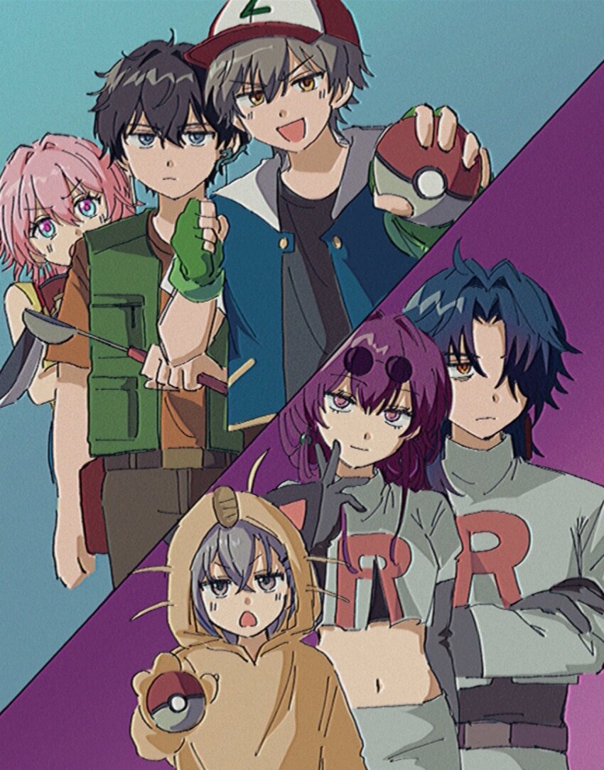 3boys 3girls ash_ketchum ash_ketchum_(cosplay) baseball_cap black_hair black_shirt blade_(honkai:_star_rail) blue_hair brock_(pokemon) brock_(pokemon)_(cosplay) caelus_(honkai:_star_rail) cosplay creatures_(company) dan_heng_(honkai:_star_rail) eyewear_on_head fingerless_gloves game_freak gen_1_pokemon glasses gloves green_gloves green_vest grey_eyes grey_hair hat highres holding holding_ladle holding_poke_ball honkai:_star_rail honkai_(series) jacket james_(pokemon) james_(pokemon)_(cosplay) jessie_(pokemon) jessie_(pokemon)_(cosplay) kafka_(honkai:_star_rail) ladle march_7th_(honkai:_star_rail) meowth meowth_(cosplay) midriff misty_(pokemon) misty_(pokemon)_(cosplay) multiple_boys multiple_girls navel nintendo open_mouth orange_shirt pince-nez pink_hair poke_ball pokemon pokemon_(anime) pokemon_(classic_anime) purple_eyes purple_hair sa_(onksicya45) shirt short-sleeved_jacket short_sleeves silver_wolf_(honkai:_star_rail) split_screen sunglasses t-shirt team_rocket team_rocket_uniform trailblazer_(honkai:_star_rail) vest yellow_eyes