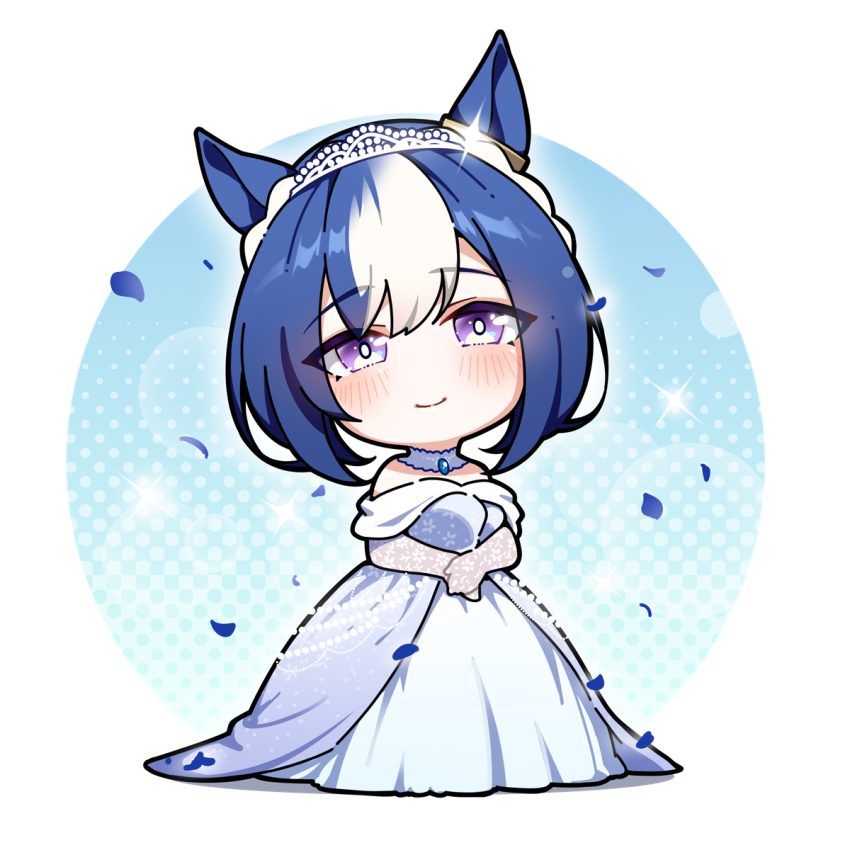 1girl alternate_costume animal_ears blue_hair blush braid cesario_(umamusume) chibi commentary_request crown_braid dress hair_between_eyes hair_ornament highres horse_ears horse_girl looking_at_viewer petals purple_eyes solo umamusume warashi wedding_dress