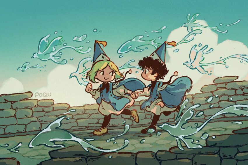 2girls agott_(tongari_boushi_no_atelier) black_hair blonde_hair cloud coco_(tongari_boushi_no_atelier) dress eye_contact fantasy fish flying_fish full_body highres long_sleeves looking_at_another multiple_girls pointy_hat poqu running short_hair sky smile stone_floor stone_wall tongari_boushi_no_atelier