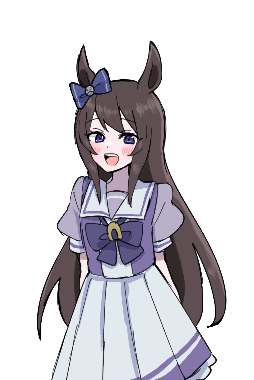 1girl :d absurdres animal_ears blue_bow blush bow bowtie brown_hair deep_impact_(umamusume) ear_bow highres horse_ears horse_girl long_hair looking_at_viewer open_mouth pleated_skirt puffy_short_sleeves puffy_sleeves purple_bow purple_bowtie purple_eyes purple_serafuku purple_shirt sailor_collar sailor_shirt school_uniform serafuku shirt short_sleeves simple_background skirt smile solo tracen_school_uniform umamusume white_background white_skirt yumayuma_(yumayumaaaan)