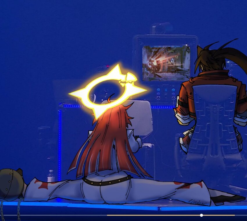 1boy 1girl ass ball_and_chain_restraint broken_halo chair evo_moment_#38 evolution_championship_series from_behind grey_hair guilty_gear guilty_gear_strive halo jack-o&#039;_valentine klo_(rekzahar) orange_hair parody photo-referenced photo_background playing_games ponytail red_shirt screen shirt sitting sol_badguy split