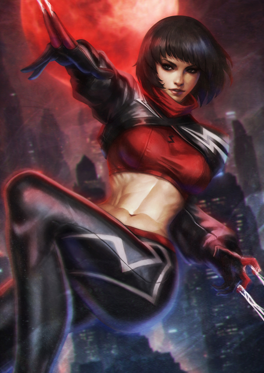 1girl abs absurdres asian belly breasts cindy_moon city cityscape crop_top cropped_jacket full_moon gloves highres jacket leggings long_sleeves looking_ahead marvel mask medium_breasts medium_hair monori_rogue moon mouth_mask muscular muscular_female navel red_moon short_hair silk silk_(marvel) solo spider_web striped_clothes striped_jacket striped_leggings two-tone_background two-tone_gloves