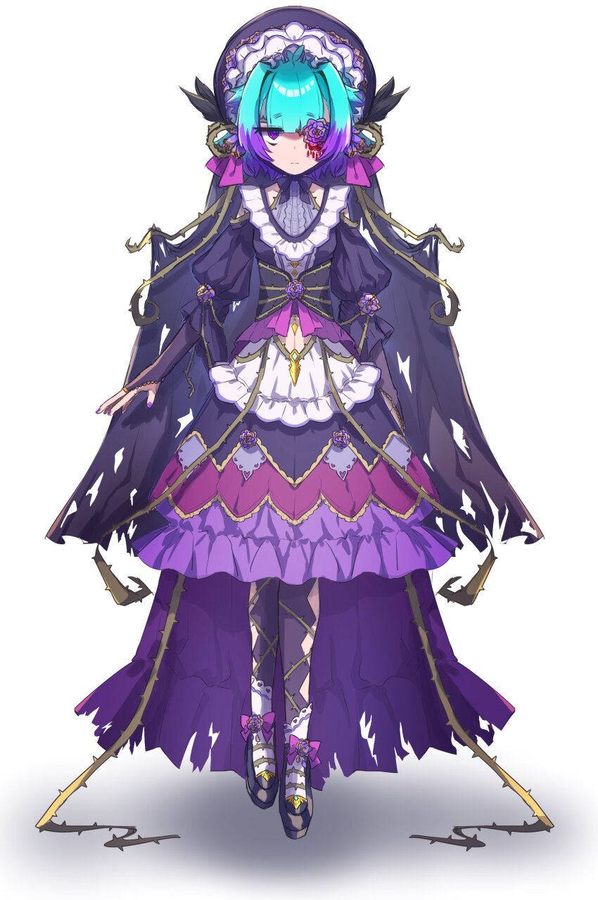1girl absurdres bags_under_eyes black_cape black_dress black_leggings black_shoes blue_hair breasts bridal_gauntlets cape commentary_request dress fate/grand_order fate_(series) highres kibinago_(kibinago614) leggings locusta_(fate) looking_at_viewer multicolored_hair plant purple_eyes purple_hair purple_nails purple_skirt shoes short_hair simple_background skirt small_breasts solo thorns two-tone_hair vines white_background