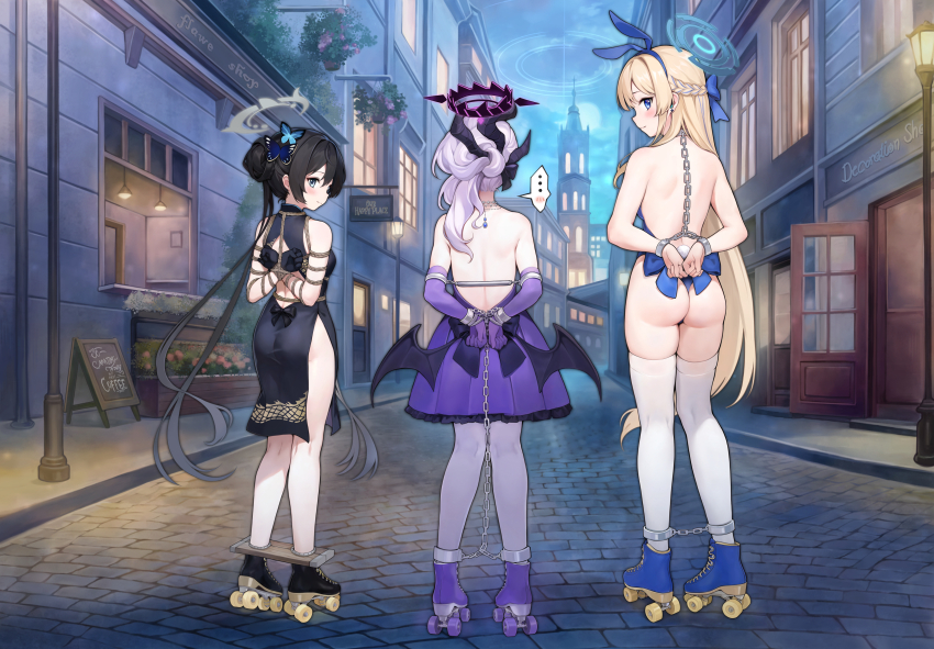 3girls absurdres animal_ears arms_behind_back ass bare_shoulders bdsm black_gloves black_hair blonde_hair blue_archive blue_bow bondage bound bound_arms bound_legs bow braid chain china_dress chinese_clothes commentary_request cuffs double_bun dress elbow_gloves fake_animal_ears frilled_dress frills from_behind gloves hair_bun halo handcuffs highres hina_(blue_archive) human_trafficking jewelry kidnapped kidnapped_girl kidnapping kisaki_(blue_archive) leotard long_hair multiple_girls necklace no_escape okazakileo playboy_bunny purple_dress purple_hair purple_thighhighs rabbit_ears restrained roller_skates shackles shibari shibari_over_clothes sidelocks skates skindentation slave standing thighhighs this_is_your_life_now toki_(blue_archive) toki_(bunny)_(blue_archive) very_long_hair white_thighhighs worried worried_look