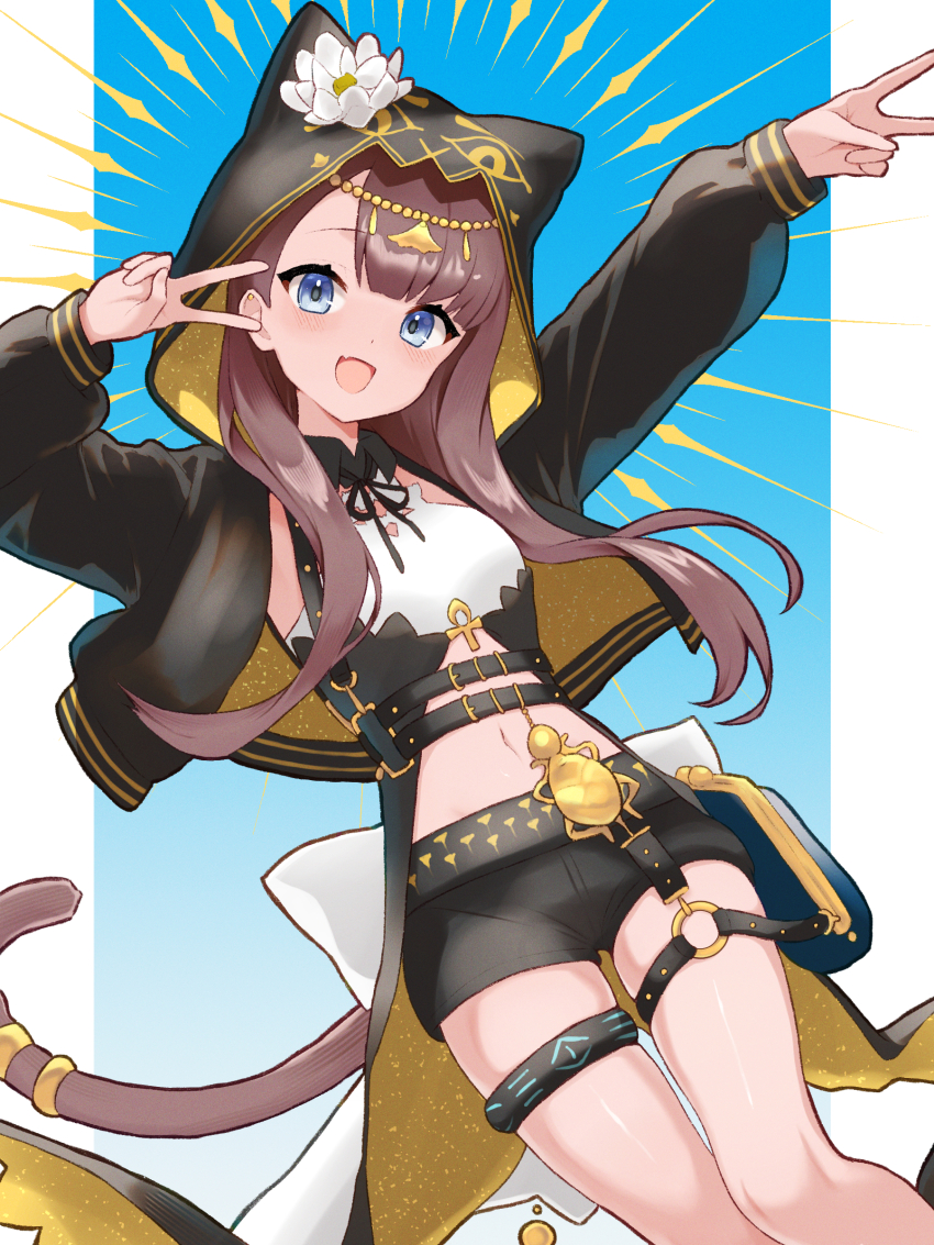 1girl :d absurdres ankh arknights arms_up aura black_jacket black_ribbon black_shorts blue_background blue_eyes blush brown_hair brown_tail commentary double_v dr.lamina ear_piercing feet_out_of_frame flower gold hair_behind_ear head_chain highres hood hood_up hooded_jacket infection_monitor_(arknights) jacket jewelry long_hair long_sleeves navel neck_ribbon o-ring o-ring_thigh_strap open_clothes open_jacket open_mouth outstretched_arm pepe_(arknights) piercing ribbon short_shorts shorts smile solo tail tail_ornament tail_ring thigh_strap two-sided_fabric two-sided_jacket v v_over_eye white_flower yellow_jacket