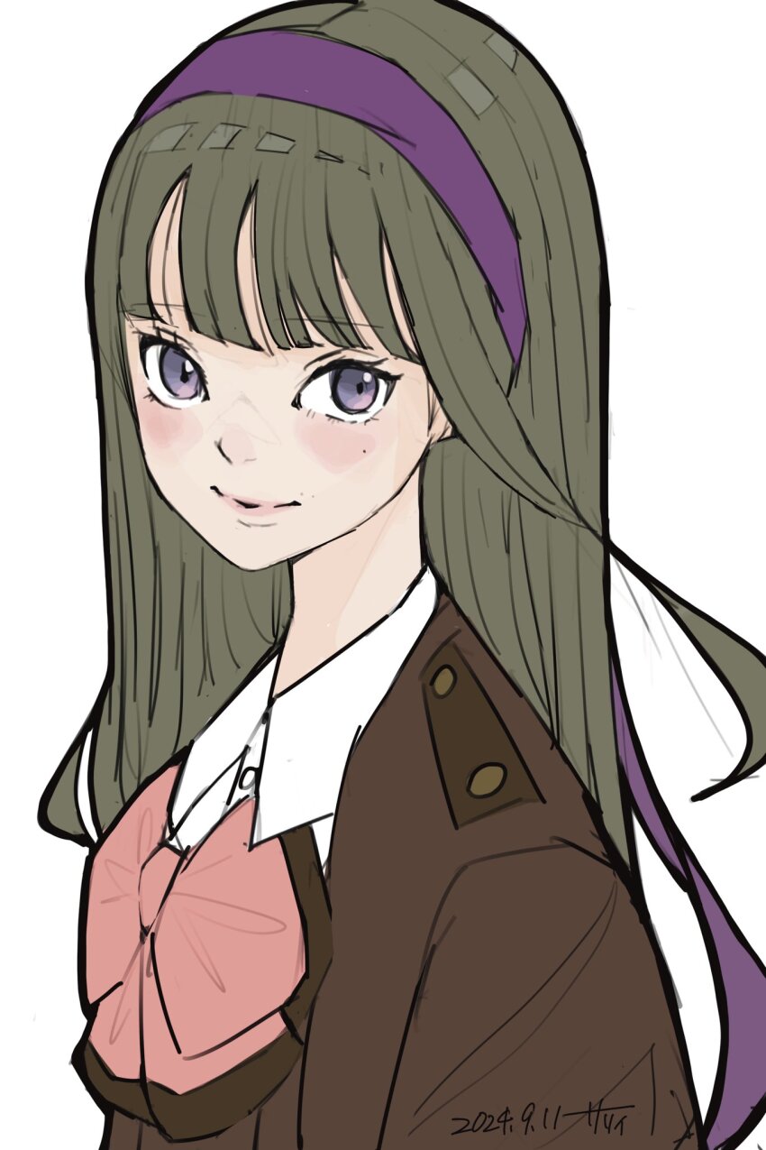 1girl arm_at_side artist_name assault_lily blush bow bowtie brown_hair brown_jacket closed_mouth collared_shirt commentary dated hair_ribbon hairband highres jacket kishimoto_maria_mirai long_hair looking_at_viewer mole mole_under_eye pink_bow pink_bowtie purple_eyes purple_hairband purple_ribbon ribbon sally_(allogkk) shirt simple_background smile solo upper_body white_background