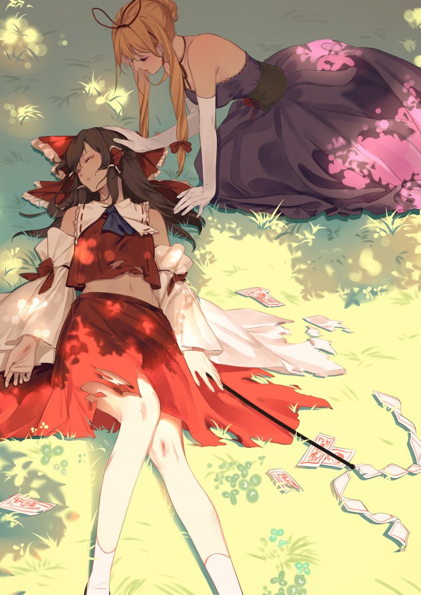 2girls adapted_costume ascot bare_shoulders black_hair blonde_hair blue_ascot bow choker closed_eyes commentary_request corset dappled_sunlight detached_sleeves dress elbow_gloves feet_out_of_frame frilled_bow frills gloves gohei grass hair_bow hair_bun hair_ribbon hair_tubes hakurei_reimu hand_on_another&#039;s_head highres houraisan_chouko long_hair long_sleeves looking_at_another midriff multiple_girls no_headwear ofuda outdoors purple_dress purple_eyes red_bow red_skirt ribbon ribbon_choker sidelocks single_hair_bun skirt skirt_set sleeping socks strapless strapless_dress sunlight torn_clothes torn_skirt touhou white_gloves white_legwear wide_sleeves yakumo_yukari