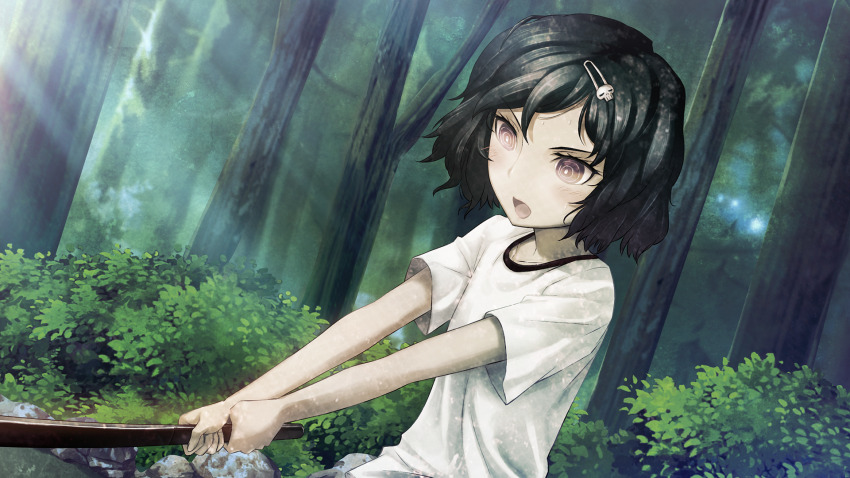 1boy black_hair bob_cut bokken dappled_sunlight day dutch_angle forest game_cg gym_shirt gym_uniform hair_ornament hairclip highres holding holding_sword holding_weapon huke looking_down male_focus nature non-web_source official_art outdoors pink_eyes ringed_eyes rock shirt short_hair skull_hair_ornament solo square_pupils steins;gate steins;gate:_my_darling&#039;s_embrace sunlight sword t-shirt trap tree urushibara_luka weapon wooden_sword