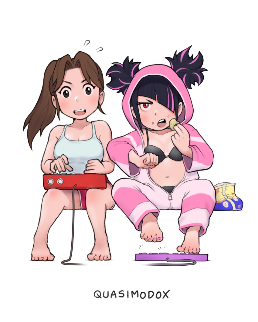 2girls arcade_stick asymmetrical_bangs bag_of_chips bare_legs barefoot black_bra black_hair black_panties bra breasts brown_hair chibi chips_(food) cleavage controller crumbs eating elbowing fatal_fury flying_sweatdrops food food_on_face game_controller hair_over_one_eye hair_through_hood han_juri highres invisible_chair joystick large_breasts multicolored_hair multiple_girls navel official_alternate_costume official_alternate_hairstyle onesie open_mouth open_pajamas pajamas panties panty_peek parted_bangs pink_hair pink_nails playing_games ponytail potato_chips quasimodox red_shorts rivalry shiranui_mai short_shorts shorts simple_background sitting stomach streaked_hair street_fighter street_fighter_6 tank_top teeth toes twintails underwear unzipped upper_teeth_only white_tank_top