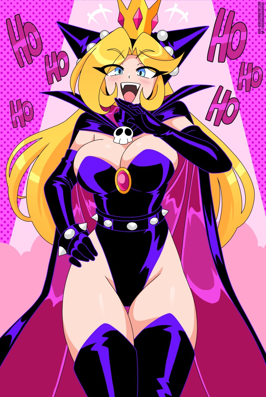 +++ 1girl absurdres aged_up animal_ears black_boots black_cape black_gloves black_leotard blonde_hair blue_eyes boots bracelet breasts cape cleavage collared_cape crown elbow_gloves fake_animal_ears fangs gem gloves hair_over_one_eye hand_on_own_hip high_collar highleg highleg_leotard highres hood hood_up jewelry large_breasts laughing leotard looking_at_viewer mario_(series) mario_power_tennis mario_tennis mini_crown nico-neko nintendo ojou-sama_pose open_mouth pink_background pink_cape pink_gemstone power-up purple_boots purple_cape purple_gloves purple_leotard skull_brooch solo spiked_belt spiked_bracelet spikes strapless strapless_leotard teeth thigh_boots two-tone_cape upper_teeth_only warupeach