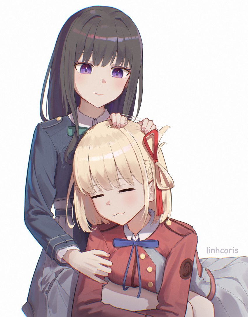 2girls :3 =_= absurdres black_hair blonde_hair blue_dress blush closed_eyes commentary dress english_commentary grey_dress hair_ribbon headpat highres inoue_takina linhcoris long_hair lycoris_recoil lycoris_uniform multiple_girls nishikigi_chisato one_side_up pleated_dress purple_eyes red_dress red_ribbon ribbon short_hair yuri