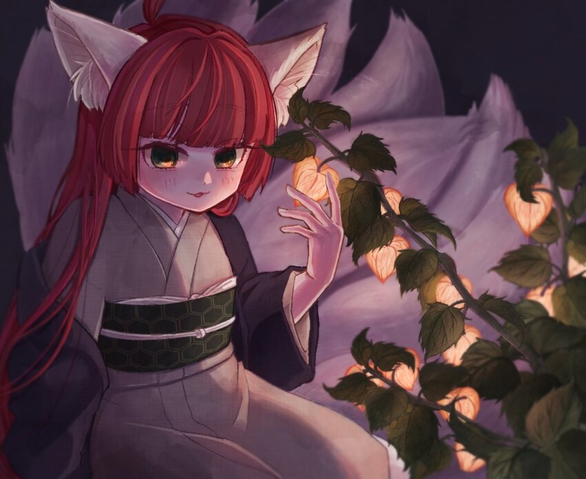 1girl :3 animal_ears arm_support cowboy_shot fox_ears glowing_flower green_eyes grey_kimono japanese_clothes kimi_no_koto_ga_dai_dai_dai_dai_daisuki_na_100-nin_no_kanojo kimono kitsune kyuubi long_hair multiple_tails obi obijime oknomyk red_hair sash sitting solo tail yakuzen_yaku