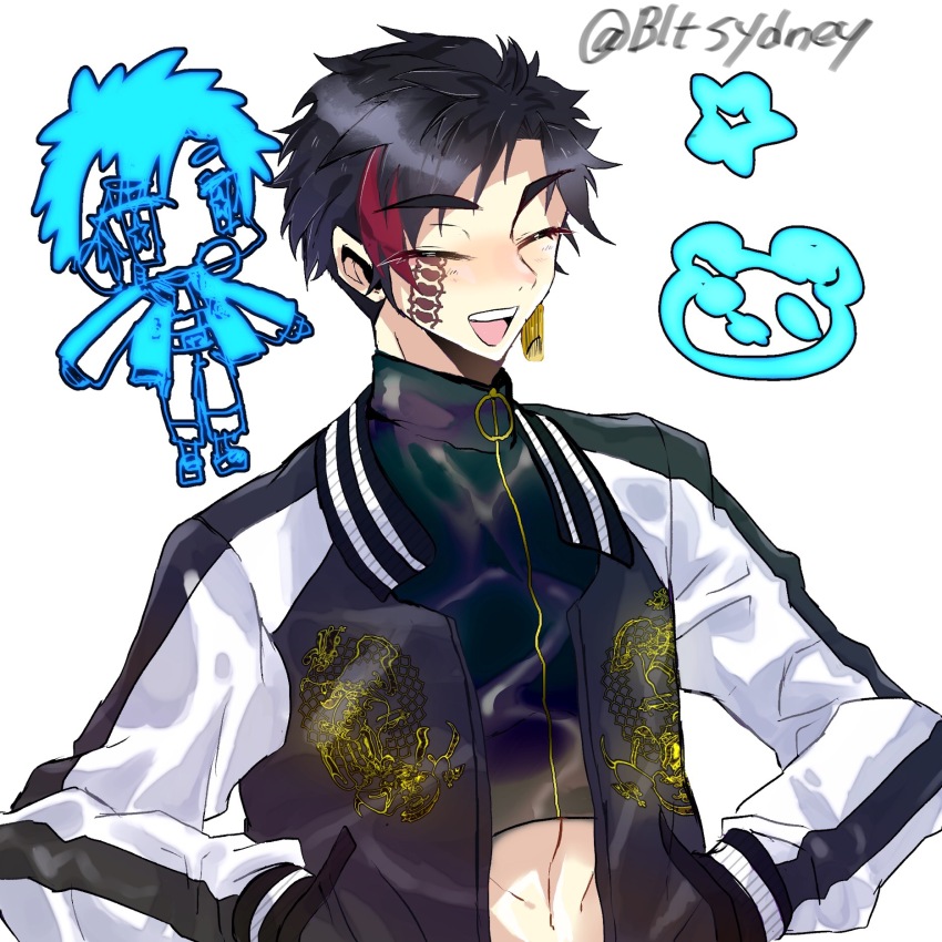 1boy black_jacket black_stripes centipede_tattoo cheek_tattoo chibi chibi_inset closed_eyes crop_top earrings facial_tattoo green_nails highres jacket jewelry long_sleeves male_focus multicolored_hair multicolored_jacket one_eye_closed open_mouth qin_shi_huang_(shuumatsu_no_valkyrie) short_hair shuumatsu_no_valkyrie simple_background single_earring smile solo streaked_hair tagme tassel tassel_earrings tattoo teeth turtleneck turtleneck_crop_top upper_body upper_teeth_only white_background white_jacket white_stripes zipper