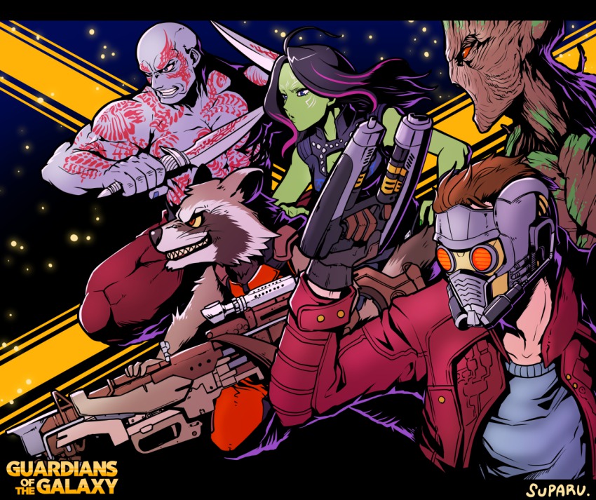1girl 2boys animification dagger drax_the_destroyer gamora groot guardians_of_the_galaxy gun knife marvel marvel_cinematic_universe multiple_boys peter_quill rocket_raccoon star-lord suparu_(detteiu) weapon