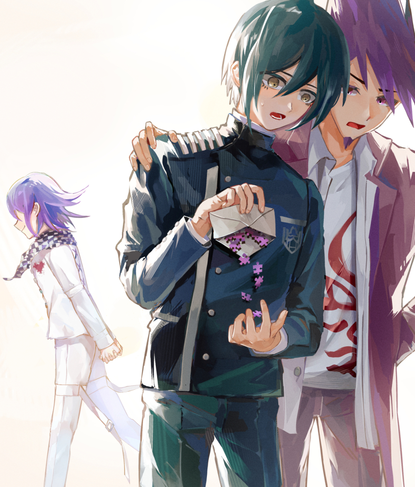 3boys ahoge arms_behind_back backlighting black_hair black_jacket blush brown_eyes buttons checkered_clothes checkered_scarf collared_jacket commentary_request danganronpa_(series) danganronpa_v3:_killing_harmony double-breasted envelope facial_hair flipped_hair goatee hair_between_eyes hand_on_another&#039;s_shoulder heart highres holding holding_envelope implied_yaoi jacket long_sleeves male_focus momota_kaito multiple_boys oma_kokichi open_clothes open_mouth pants print_shirt profile purple_eyes purple_facial_hair purple_hair puzzle_piece saihara_shuichi scarf shirt short_hair simple_background smile spiked_hair surprised sweatdrop two-tone_scarf walking white_shirt xiangdao_jiu_wenyi_fuxing_yixia